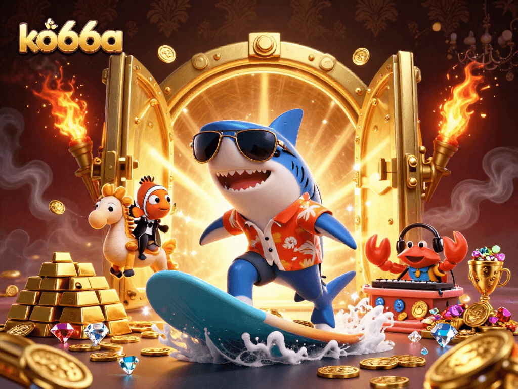Engage with ko66a's vibrant casino universe, featuring a cartoon shark surfing on gold coins amidst sparkling gems.