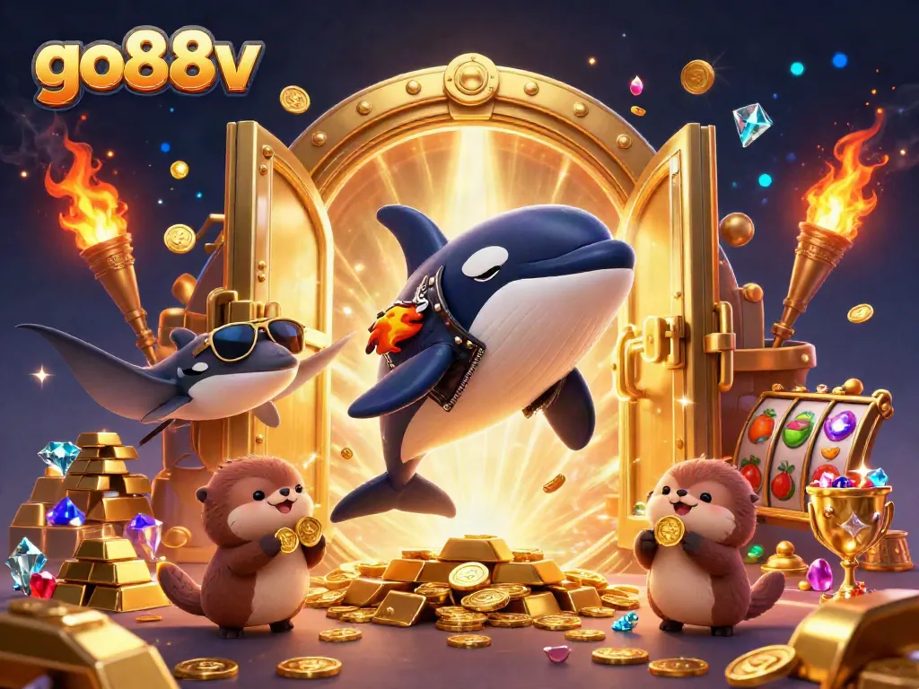Engage in exciting casino adventures with go88v's vibrant orca, stingray, and otters in a treasure scene.