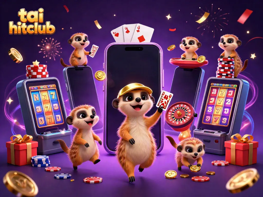 Experience the excitement of tai hitclub with a colorful illustration of meerkats managing a casino filled with games, chips, and coins.