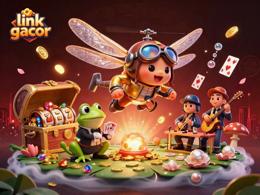 Experience winning action at link gacor with a lively casino scene featuring a dragonfly pilot, frog croupier, and musical crickets.