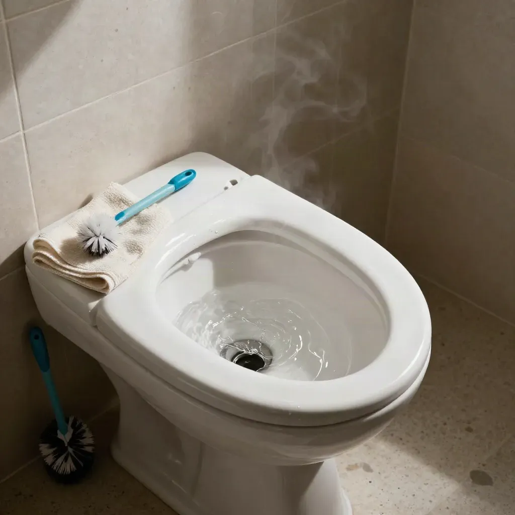 Wit toilet met wegtrekkend water, borstel tegen de muur en lichte damp.