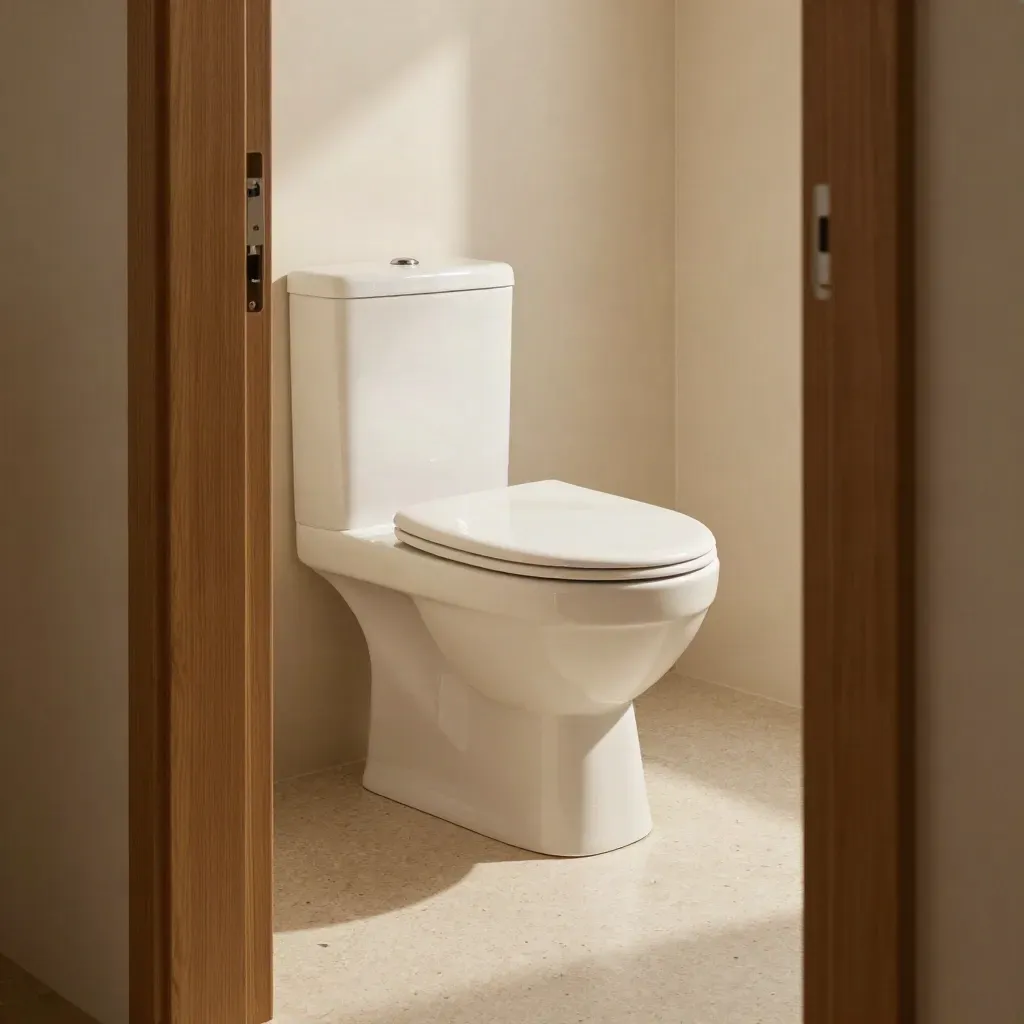 Wit hangtoilet in een warme badkamer, strak geplaatst met tegelstapel ernaast.