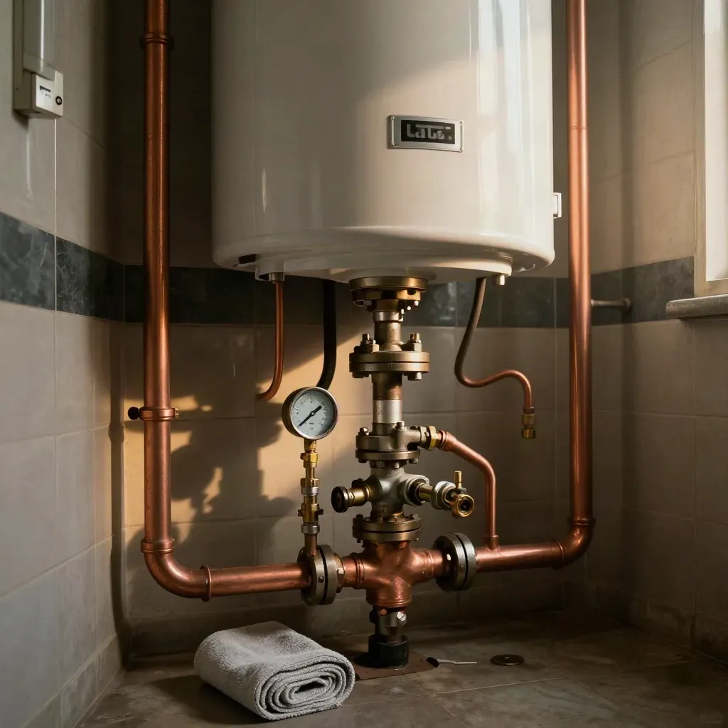 Onderhouden cv-ketel met koperen leidingen en drukmeter in een compacte technische ruimte.