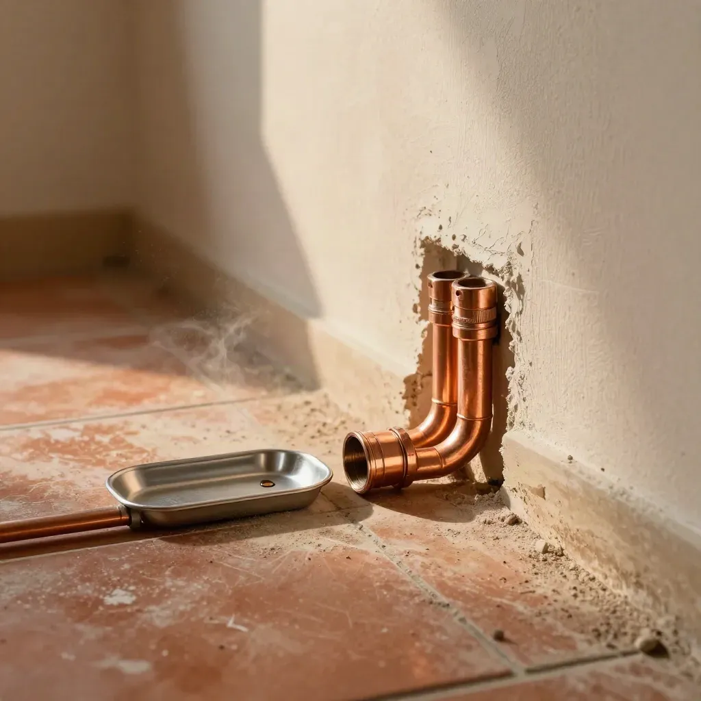 Nieuw koperen leidingdeel met opvangbak in een open wand, laag en diagonaal in warm licht.