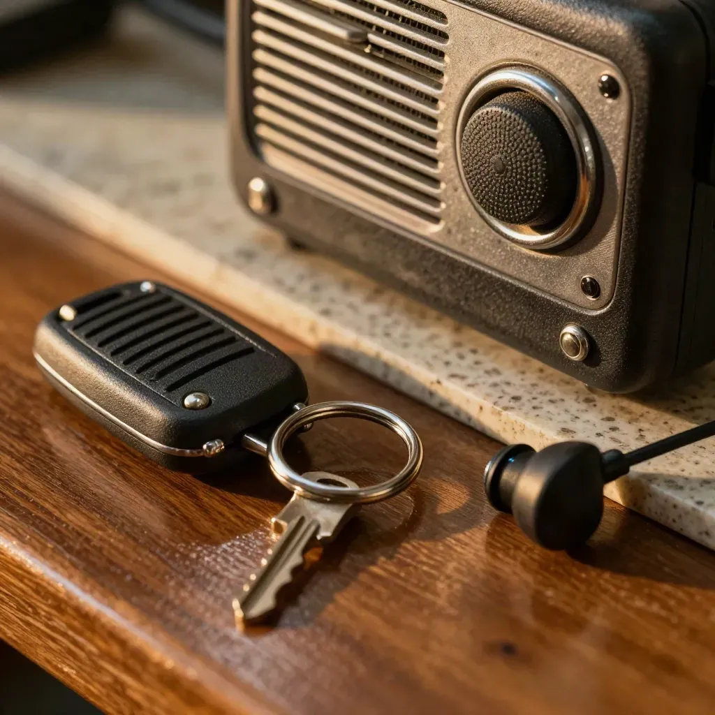 Donkere service-radio met sleutelhanger en oortje op geoliede werkbank, klaar voor uitruk.