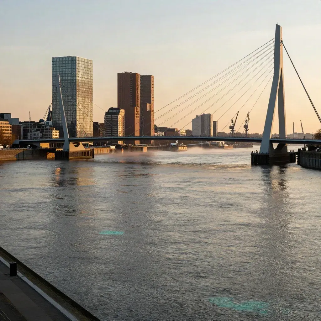 Rotterdamse skyline met de Erasmusbrug boven de Maas in gouden avondlucht.
