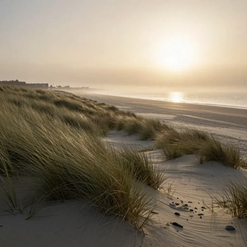 Duinen en zee bij Den Haag met lage skyline in warme avondmist.