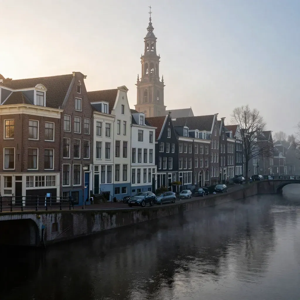 Grachtengordel met kerktoren in ochtendmist en spiegelend water