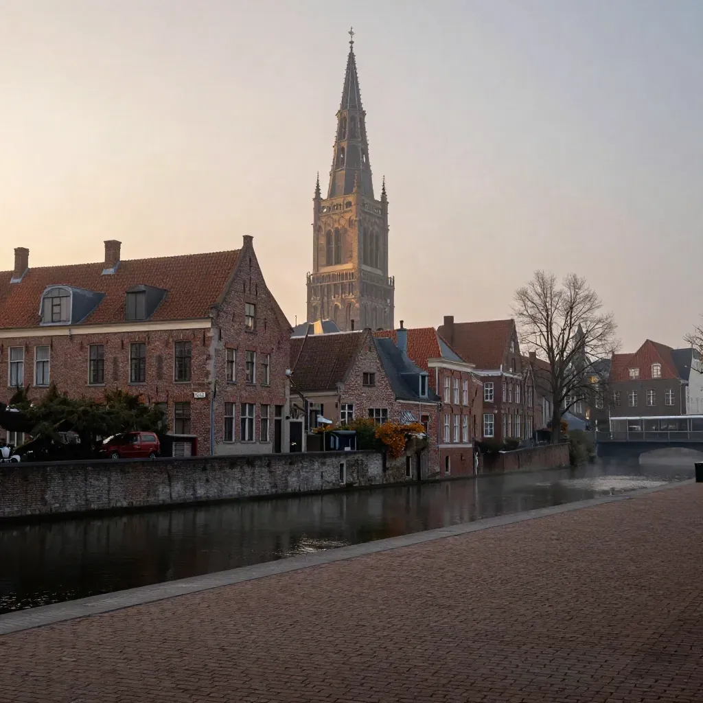 Domtoren boven rode baksteen en stille waterstrook in Utrecht bij schemering