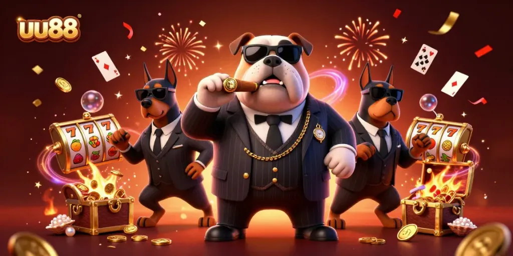 Engage in thrilling gameplay at uu88 with a vibrant casino-themed illustration showcasing exciting slot elements and characters.