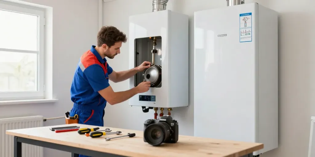 Technicus vervangt een oude gasvervanging chaudière in een lichte kelder.