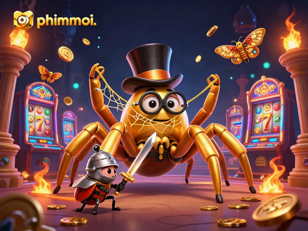 Experience thrilling gameplay at phimmoi, featuring a whimsical casino scene with vibrant slot machines and lively characters.