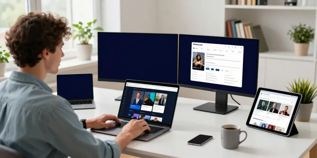Person using dual monitors to download Pikashow APK in a modern workspace.