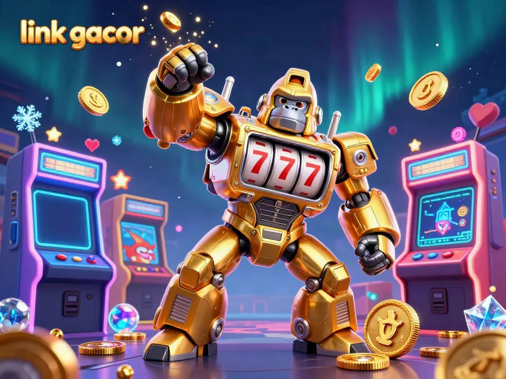 Engage with link gacor through a vibrant 3D casino scene featuring an exciting golden gorilla mech and dynamic gaming elements.