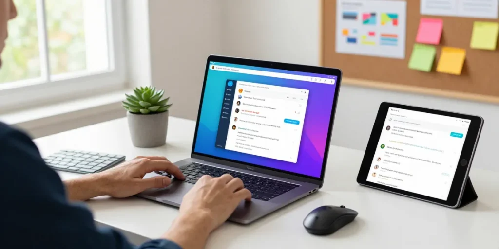 Developer accessing Telegram Web Version on sleek laptop in a modern office.