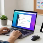 Developer accessing Telegram Web Version on sleek laptop in a modern office.