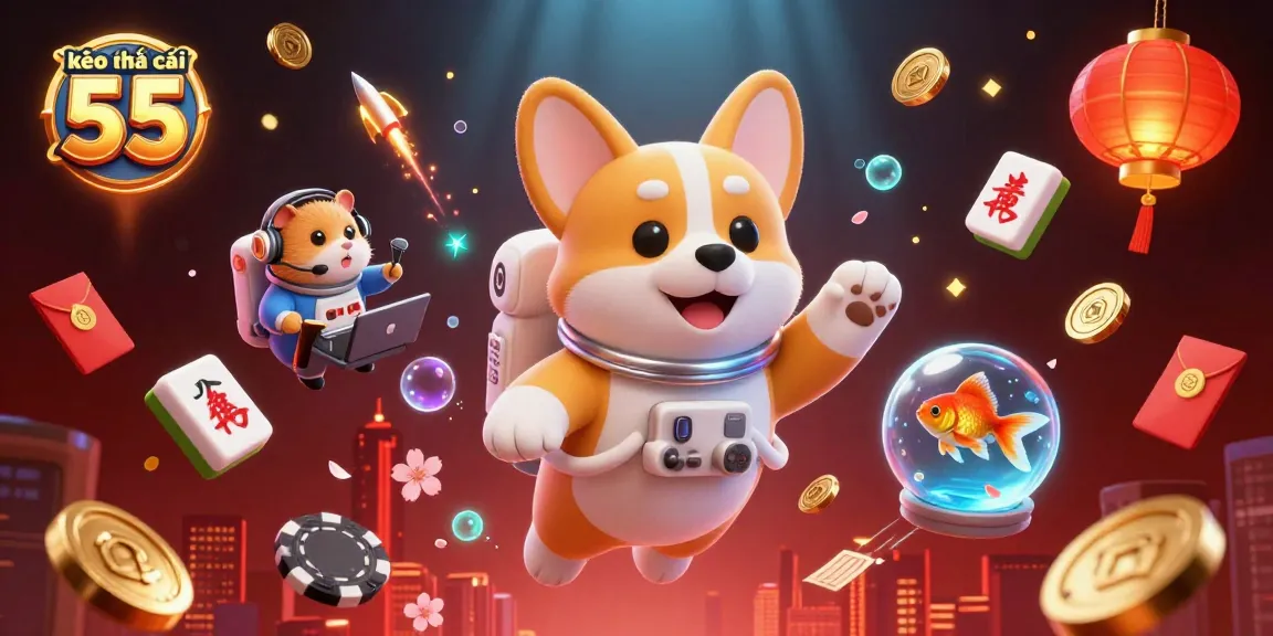Engage in thrilling action with kèo nhà cái 55 as our cartoon astronaut corgi explores a vibrant space station casino.