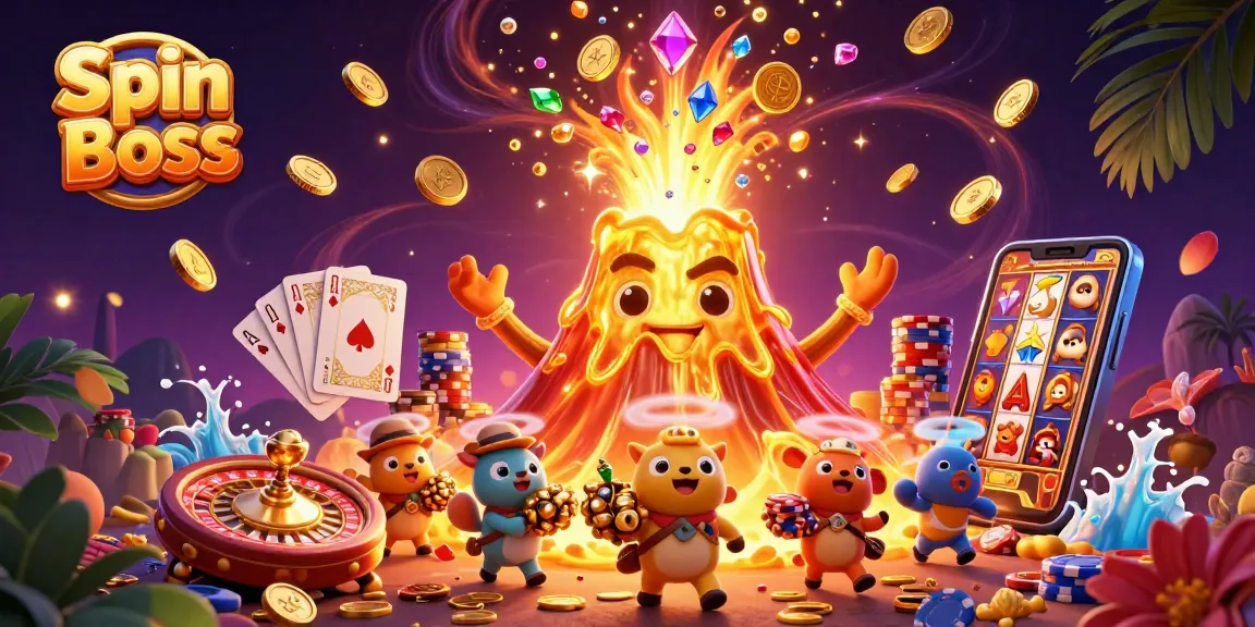 Spin Boss casino scene featuring an erupting volcano of coins, vibrant gambling elements, and treasure-hunting animals.