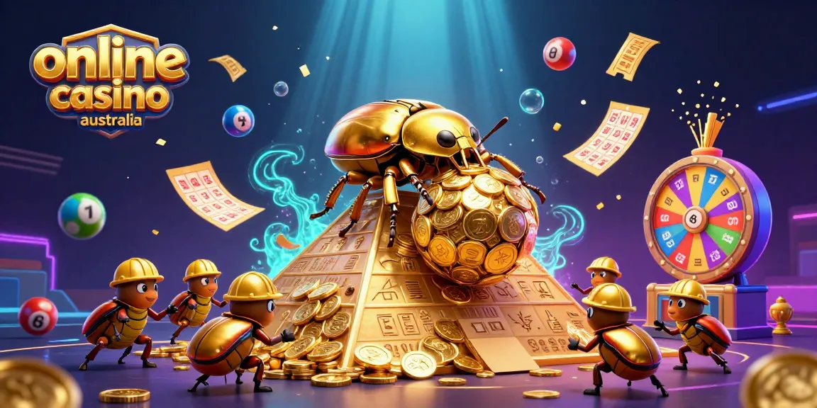 Engage with the vibrant energy of online casino Australia featuring golden beetles and dynamic lottery elements.