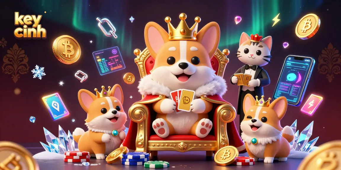 Engage in thrilling gaming with key chính at a vibrant casino scene featuring royal corgis and crypto elements.