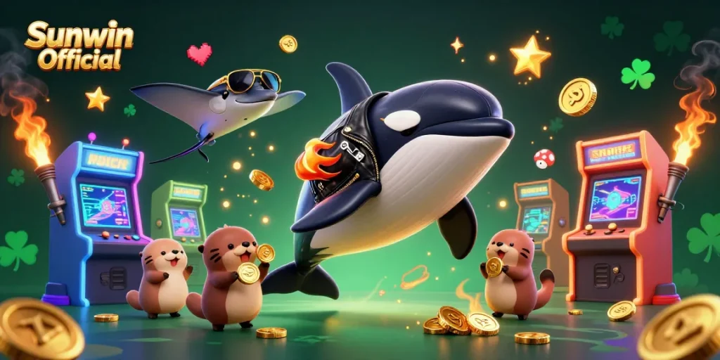 Experience the thrill with Sunwin Official as the orca and friends win gold coins in vibrant casino style.