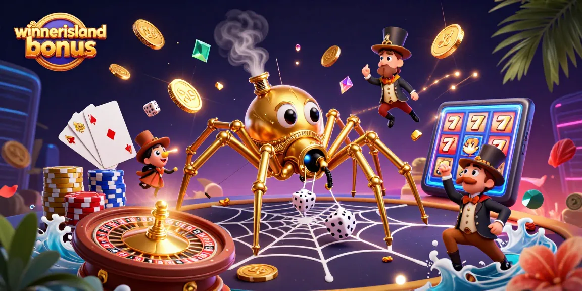 Experience the winnerisland bonus with a dazzling casino scene featuring golden coins, spinning roulette, and vibrant characters.